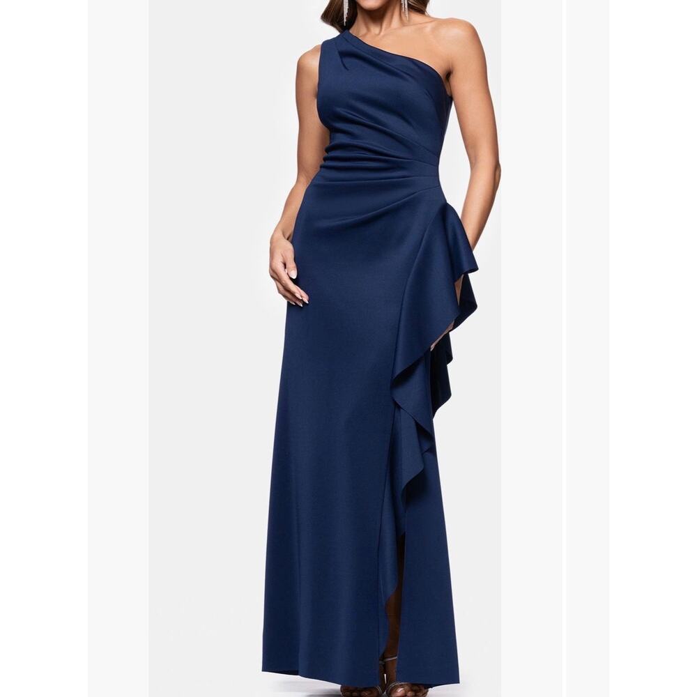 Xscape Women's One Shoulder Side Ruffle Scuba Crepe Gown Navy 10 NWI